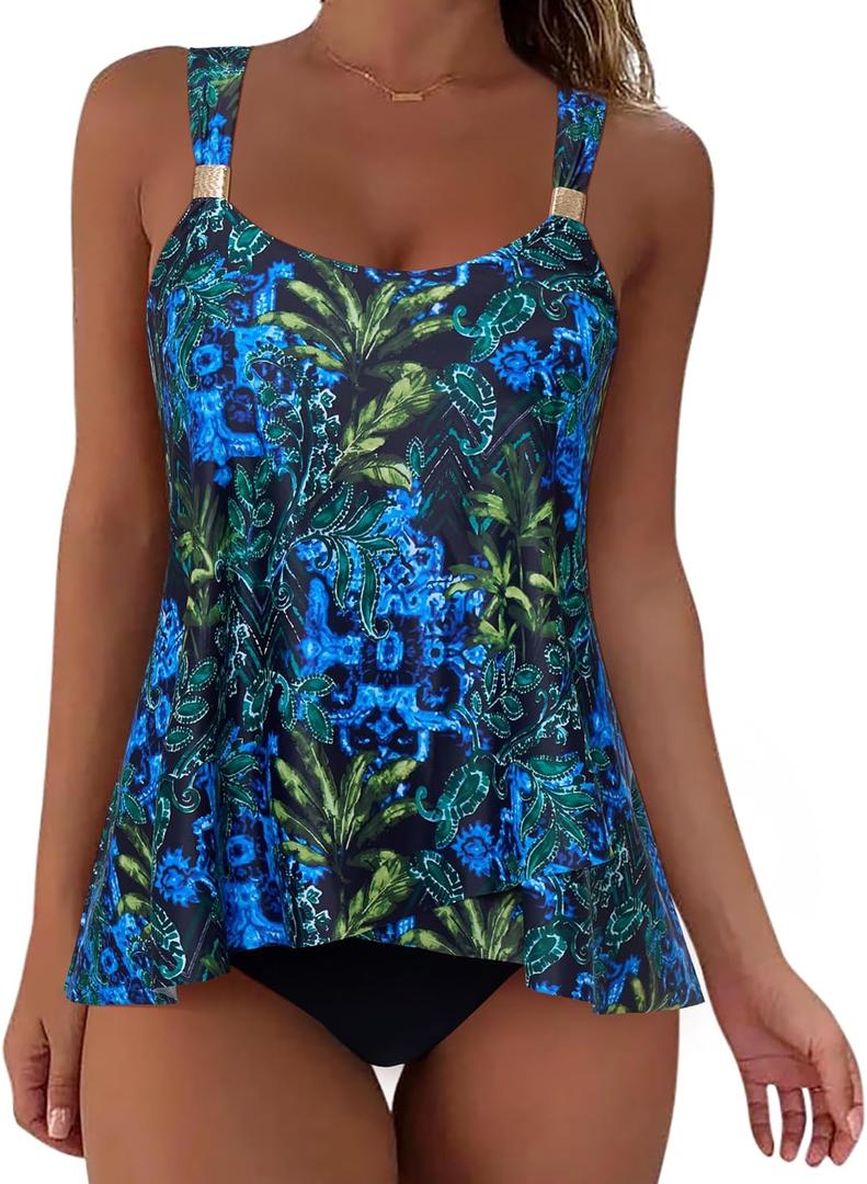 SUUKSESS Women Ruffle High Waisted Tankini Swimsuit Tummy Control Bathing Suit (Blue, XL)