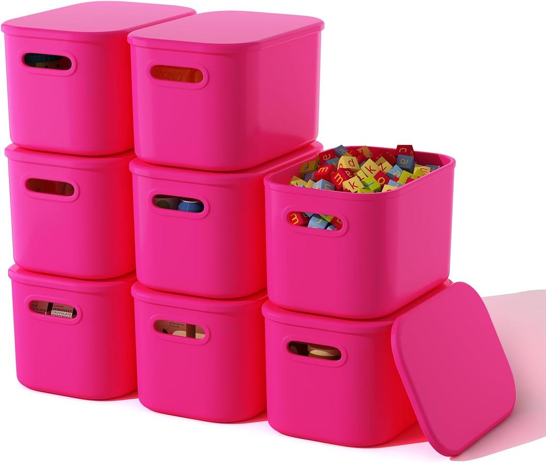 ORGIDOL 8 Pack Pink Storage Bins with Lids Stackable Storage Container for Organizing, Storage Boxes with Handle for Shelves, Cute Storage Bin for Craft, Snacks, 9.85x6.9x5.7 inch