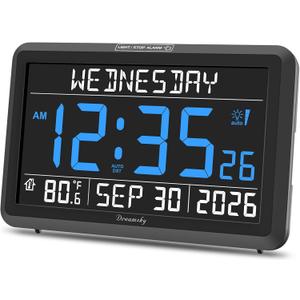 DreamSky Digital Clock with Date and Day of Week - Large Calendar Clock for Seniors Elderly, Loud Alarm Clock for Bedroom Desk, Backlight Dimmer, Adjustable Volume, USB Port, Auto DST, Battery Backup