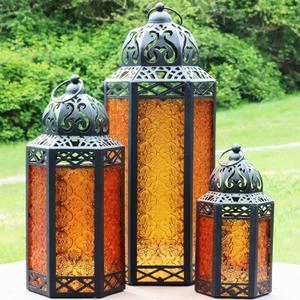 VELA LANTERNS Moroccan Candle Lantern Decorative Set of 3 for Floor, Ramadan Decorations, Indoor Home Decor, Outdoor Patio or Porch, Halloween, Weddings, Amber