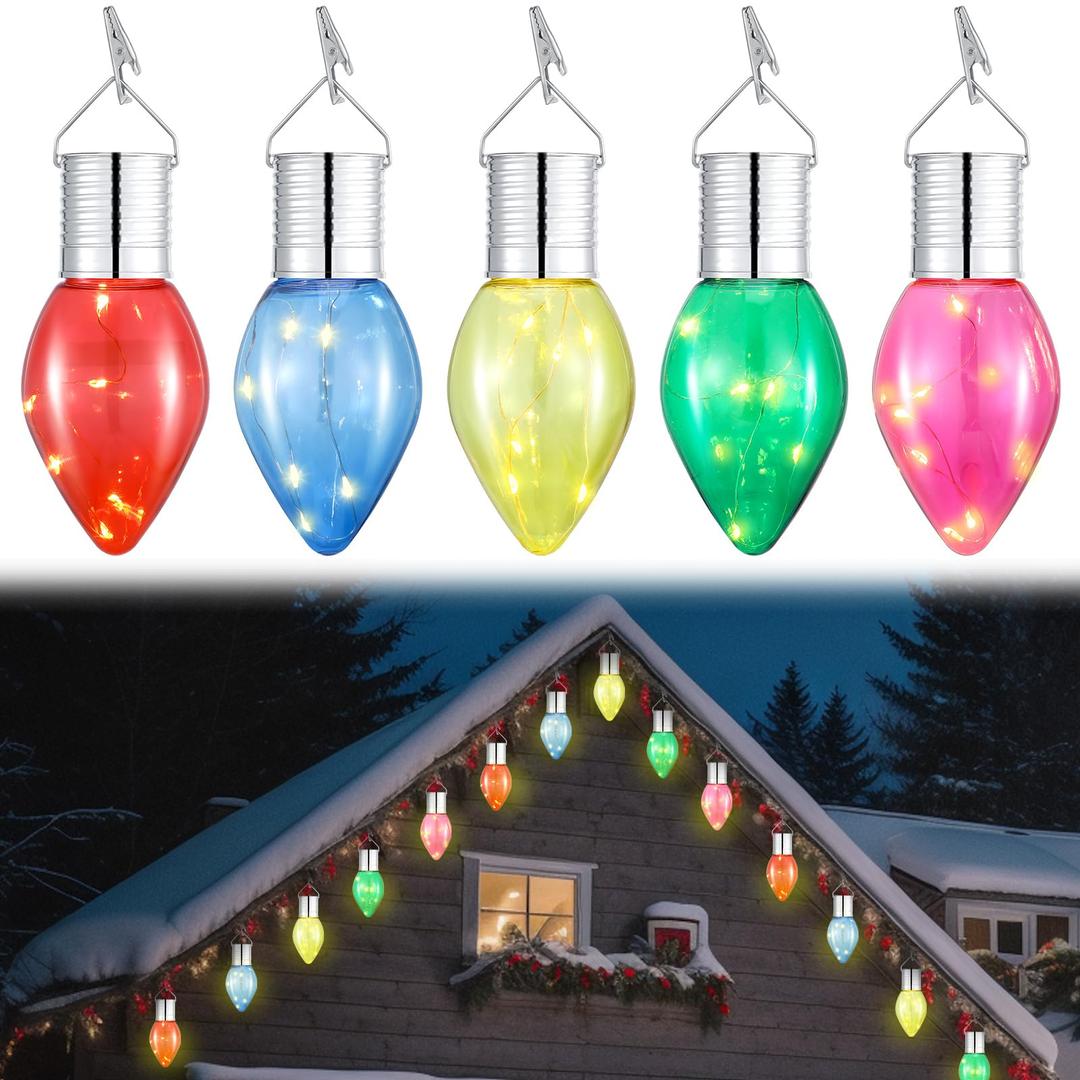5 Pcs Christmas C9 Solar Light Bulbs Jumbo Hanging LED Light Bulb with Clip Waterproof Outdoor Garden Hanging Solar Lights for Christmas Tree Yard Fence Patio Party