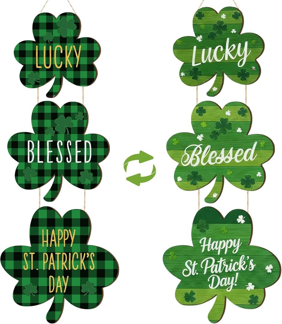 Yookeer St Patricks Day Decoration Wooden Shamrock Door Sign with Rope Shamrock Hanging Sign Lucky Clover Door Hanger Irish Hanging Decorations for Porch Wall Entryway Decor (Shamrocks)
