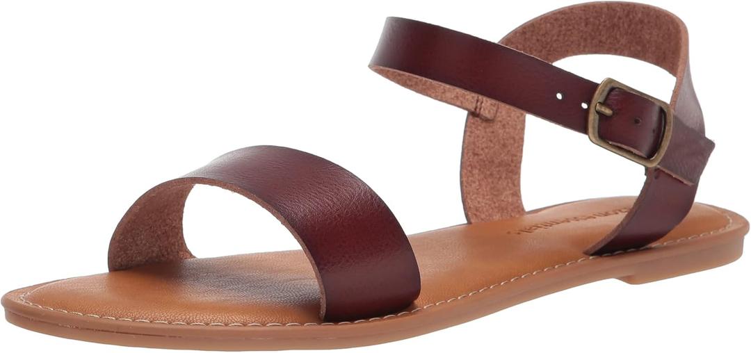 Amazon Essentials womens Two Strap Buckle Sandal (7.5 Wide, Brown)