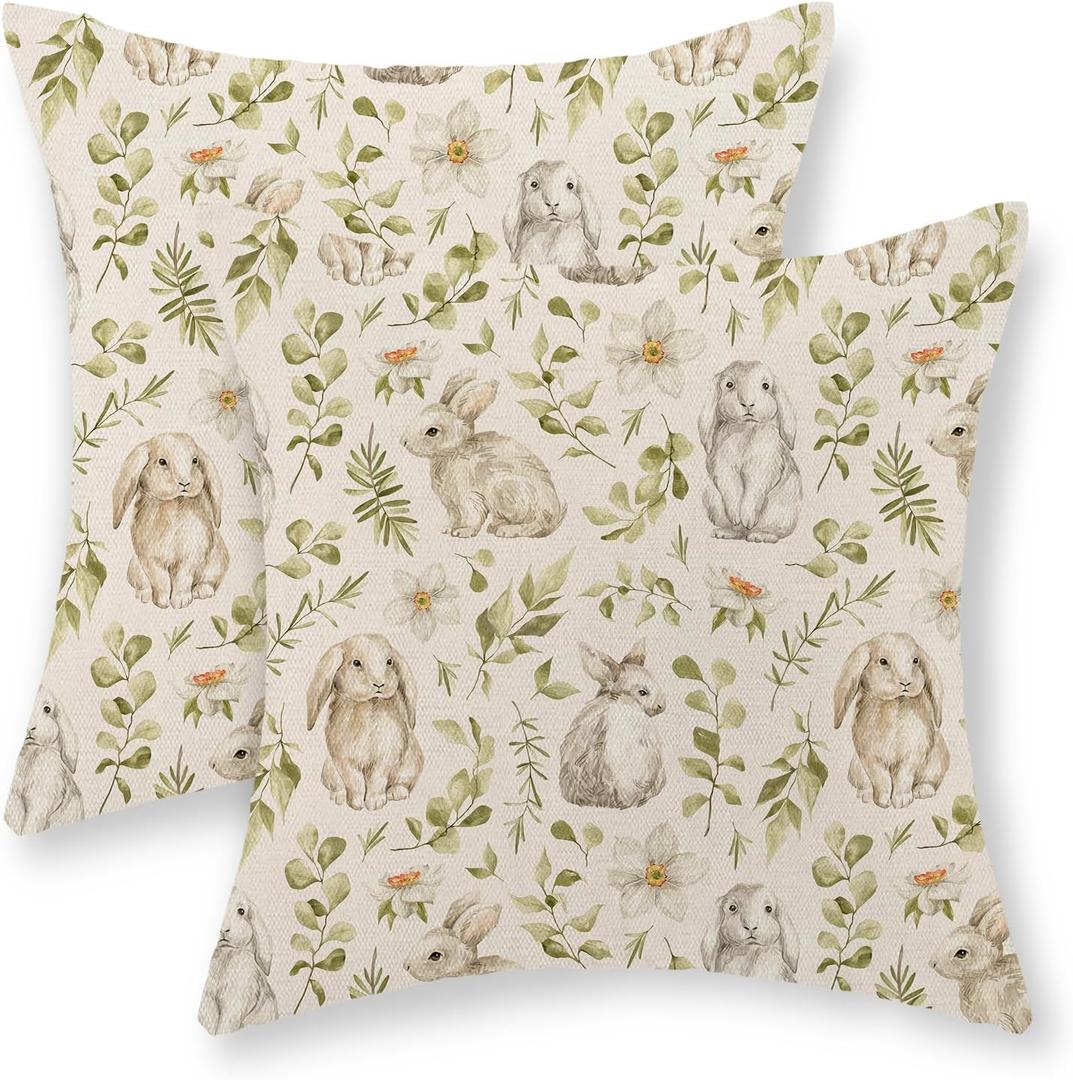 Spring Easter Pillow Covers 18x18 Set of 2 Rabbit Bunny Green Floral Leaf Decorative Throw Pillow Covers Spring Holiday Farmhouse Pillow Cases Decor Outdoor Linen Cushion Case for Couch Home