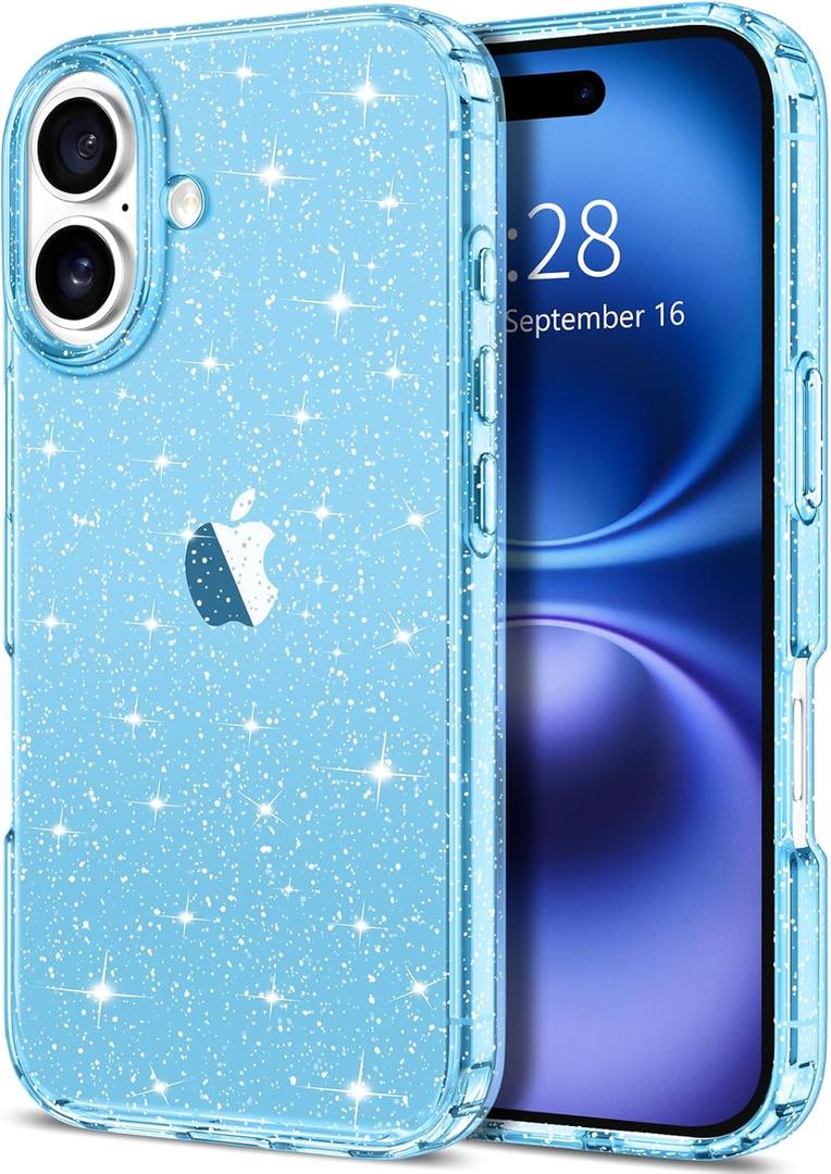 10 x Hython for iPhone 16 Case Glitter, Clear Glitter Sparkly Shiny Bling Sparkle Cute Cover, Anti-Scratch Soft TPU Thin Slim Fit Shockproof Protective Phone Cases for Women Girls, Blue Glitter