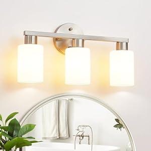 DIDUIO Brushed Nickel 3-Light Bathroom Vanity Light Modern Bathroom Light Fixtures Nickel Vanity Lights with Eye-Friendly Milky White Frosted Glass Shades E26 Socket (Bulbs Not Included)