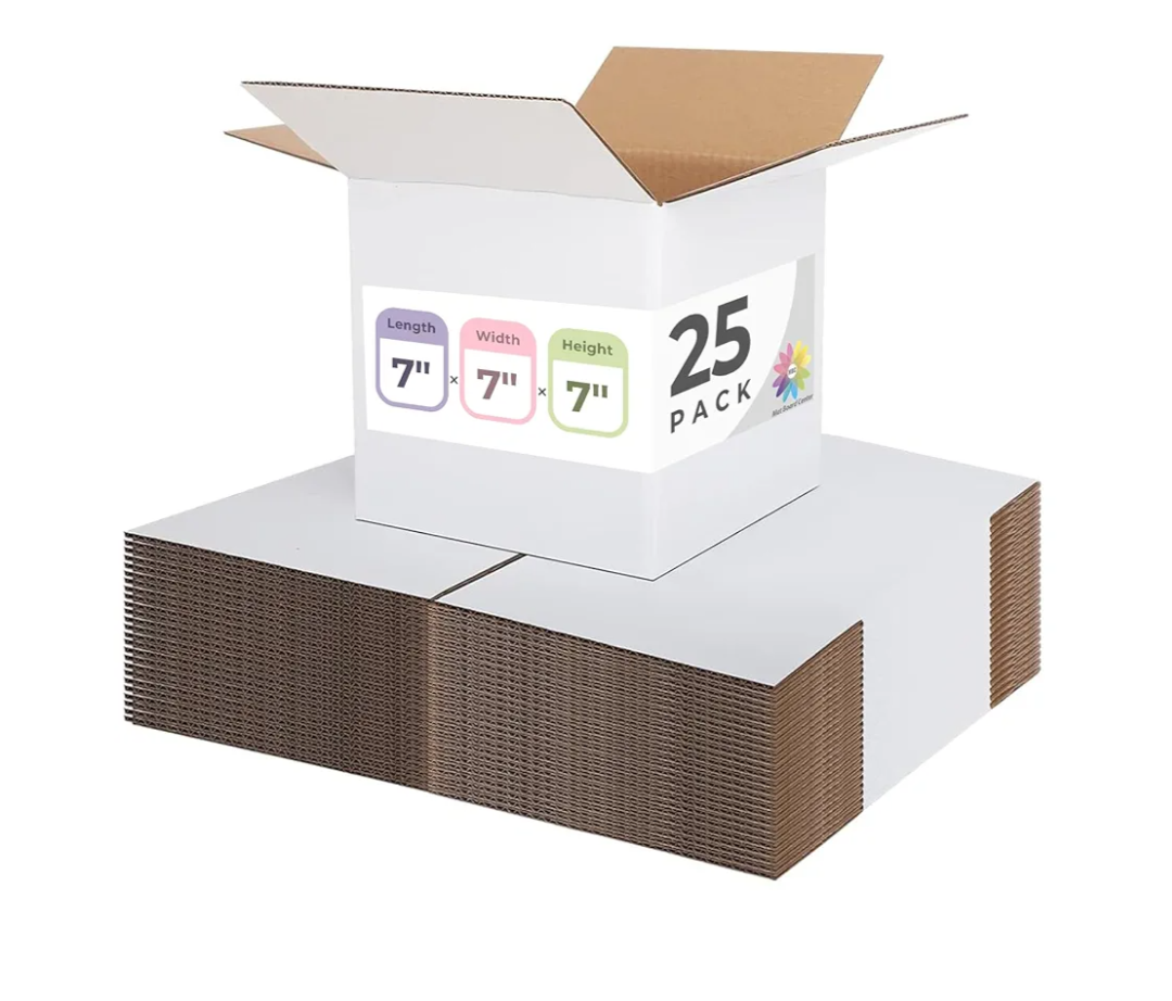 Mat Board Center, 7x7x7 Mailing Box, 7 Inch Cube Box Mailer, Small Gift Square Packaging Box, Corrugated Cardboard Small Business, White, 25 Pack