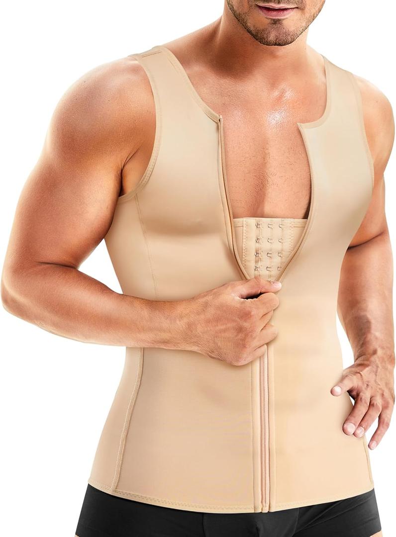 Wonderience Men Shapewear Slimming Body Shaper Compression Shirt Tank top with Zipper Underwear For tummy control (Large, Beige)