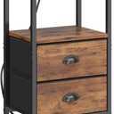 Sthmec Rustic Brown Industrial Nightstand Set of 2, Bedside Table with 2 Fabric Drawers, 3-Tier Storage, LED Light, Charging Station, 11.38''D * 15.38''W* 24.75''H