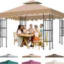 10x10 Double Tiered Gazebo Replacement Canopy, Upgraded 300D Polyester Heavy Duty Canopy Cover Top with Air Vent, Waterproof Gazebo Cover Roof for Outdoor Patio Garden (Khaki, Wavy Edge)
