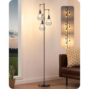 EDISHINE 70IN Industrial Floor Lamps for Living Room, Dimmable Farmhouse Corner Reading Lamp, Diamond-Shaped Lampshade, 3 LED Edison Bulbs Included, Rustic Tree Standing Lamp for Bedroom, Brown