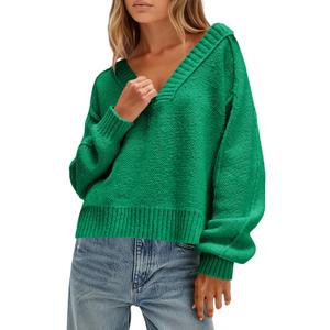 Saodimallsu Womens V Neck Pullover Sweaters Casual Knit Long Sleeve Loose 2025 Fall Cropped Tops (Small, Green)