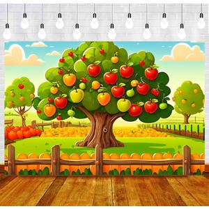 Apple Tree Theme Backdrop 7x5ft Happy Children's Birthday Party Farm Apple Orchard Photo Banner Decoration Background for Cafe Coffee Bakery Shop Preschool