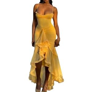 Unybwonn Women Cocktail Maxi Dress Sleeveless Ruched Ruffle Hem Mesh Dresses High Low Split Spaghetti Strap Sundress, S