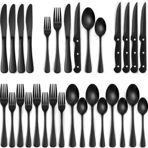 EWFEN 24-Piece Black Silverware Set with Steak Knives, Black Flatware Set for 4, Food-Grade Stainless Steel Tableware Cutlery Set, Mirror Finished Utensil Sets for Home Restaurant, Round Edge