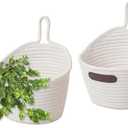 JJSQ 2pack Hanging Baskets Small Wall Hanging Storage Basket Round Woven Rope Wall Oganzier Decor for Flower Plants, Key Storage White 7.8 x 7 inches