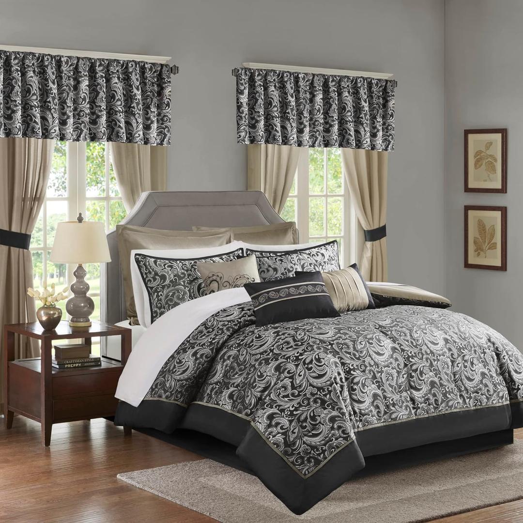 Madison Park Essentials Brystol 24 Piece Room in a Bag Faux Silk Comforter Jacquard Paisley Design Matching Curtains Down Alternative All Season Bedding-Set, Queen(90 in x 90 in), Black 24 Piece