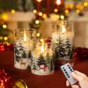 LUSHABOR Christmas Flameless Candles, 3 Pack Battery Operated Candles for Christmas Mantel Decor, Glass LED Flickering Candles Home Xmas Party Holiday D3 H4 5" 6", Trees