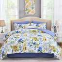 Luxudecor Floral Comforter Set Queen Size 7 Pieces Bed in a Bag, Blue Flower Watercolor Bed Set, Soft Comforter with Sheet Set 90"x90"