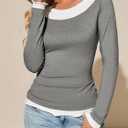 Tankaneo Womens Long Sleeve Shirts Crewneck Patchwork Casual Fitted Tunic Tops Ruffle Lightweight Outfits (Gray, L)