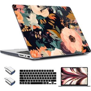 TWOLSKOO for M3 MacBook Pro 16 inch Case 2024 2023 2022 2021 A2991 / M2 A2780 / M1 A2485 Pro Max Chip, Plastic Hard Shell & Keyboard Cover & Type C Adapter, & Screen Protector, Bright Abstract Flowers