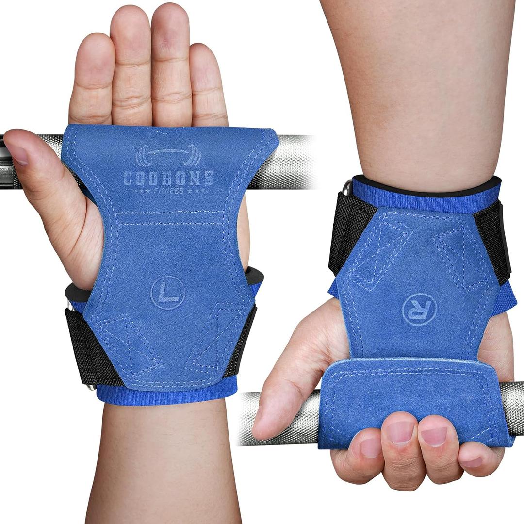 Lifting Wrist Straps for Weightlifting, Double Layer Leather for Weight Lifting Wrist Wraps, Deadlifts, Heavy Powerlifting and Adjustable Wrist Hooks for Strength Training, Gym Workouts Men/Women (Blue)