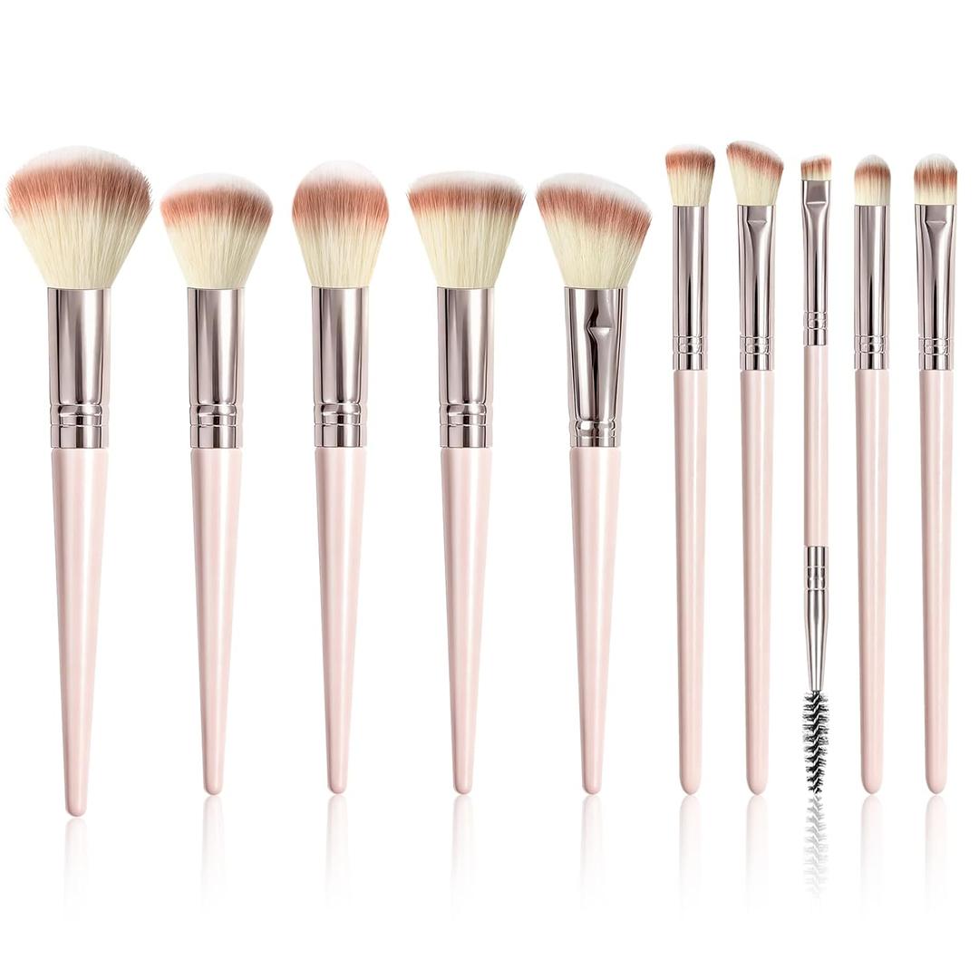 Makeup Brush Set, Premium Synthetic 10 PCS Makeup Brushes, Travel Makeup Brush Set with Soft Hairs, Makeup Brushes Set Professional for Blush, Eyeliner, Eyeshadow, Concealer, and Foundation (Pink)