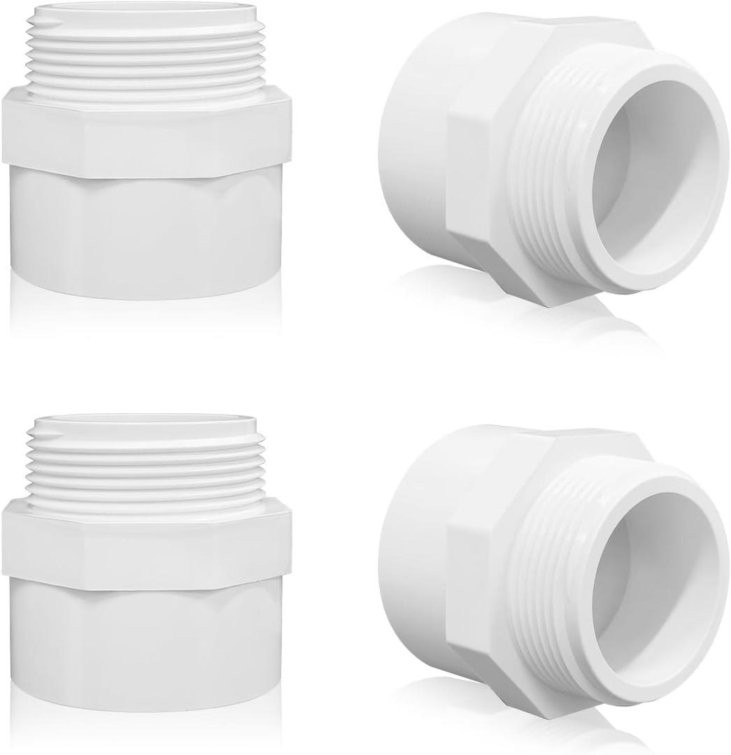 4Pcs 1 1/2"White 2-Way PVC Pipe Coupling Adapter Hex Nipple NPT Male Thread Coupling Adapter Connectors for 1 1/2 Inch PVC Pipe Socket x NPT Male