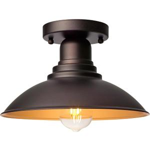GOLDHILL 10.5" Low Profile Semi Flush Mount Ceiling Light, Modern Farmhouse Metal Fixture with Gold Interior, Damp Rated Outdoor Porch Light for Bathroom & Hallway