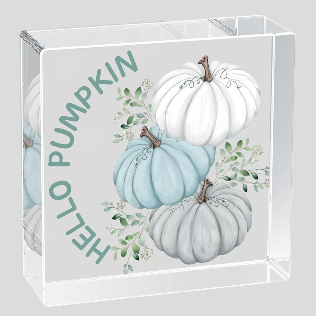 Fall Decorations for Home Fall Decor Home Room Hello Pumpkin Acrylic Table Sign Rustic Shelf Desk Office Decor Season Sign House Warming Gifts 4.5 x 4.5 Inch