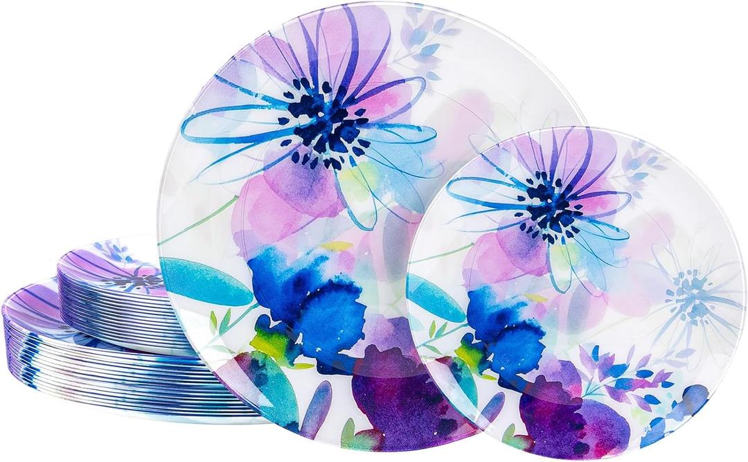 DaYammi 20 Pcs Purple Plastic Plates with Watercolor Floral Plates Heavy duty Watercolor floral Plastic Plate 10.25 inch Dinner plates and 7.5 inch Dessert plates for Party Wedding