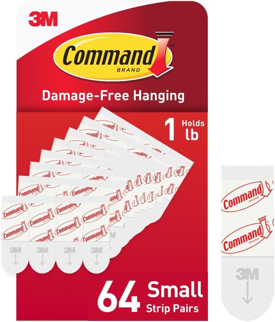 Command Indoor Small Refill Strips, 64 Strips, Damage-Free Hanging Wall Adhesives to Re-Hang Small Hooks for Hanging Home Decor, Wall Decor, and Room Decor, Holds up to 1 lb