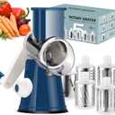 Ourokhome Rotary Cheese Grater Hand Crank, Kitchen Shredder Speed Mandolin Slicer Ice Shaver with Handle and Drum Blades for Cheese, Vegetable, Nuts, Chocolate, Potato, Carrot, 5 Blades, Dark Blue