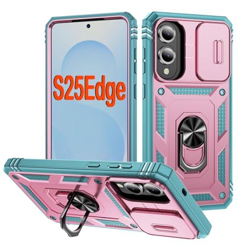PASNEW S25 Edge Case Camera Cover & Metal Kickstand,Military Heavy Duty Full Body Shockproof Protective Hard Shell Cases for Samsung Galaxy S25Edge,6.7 inch,Pink Green