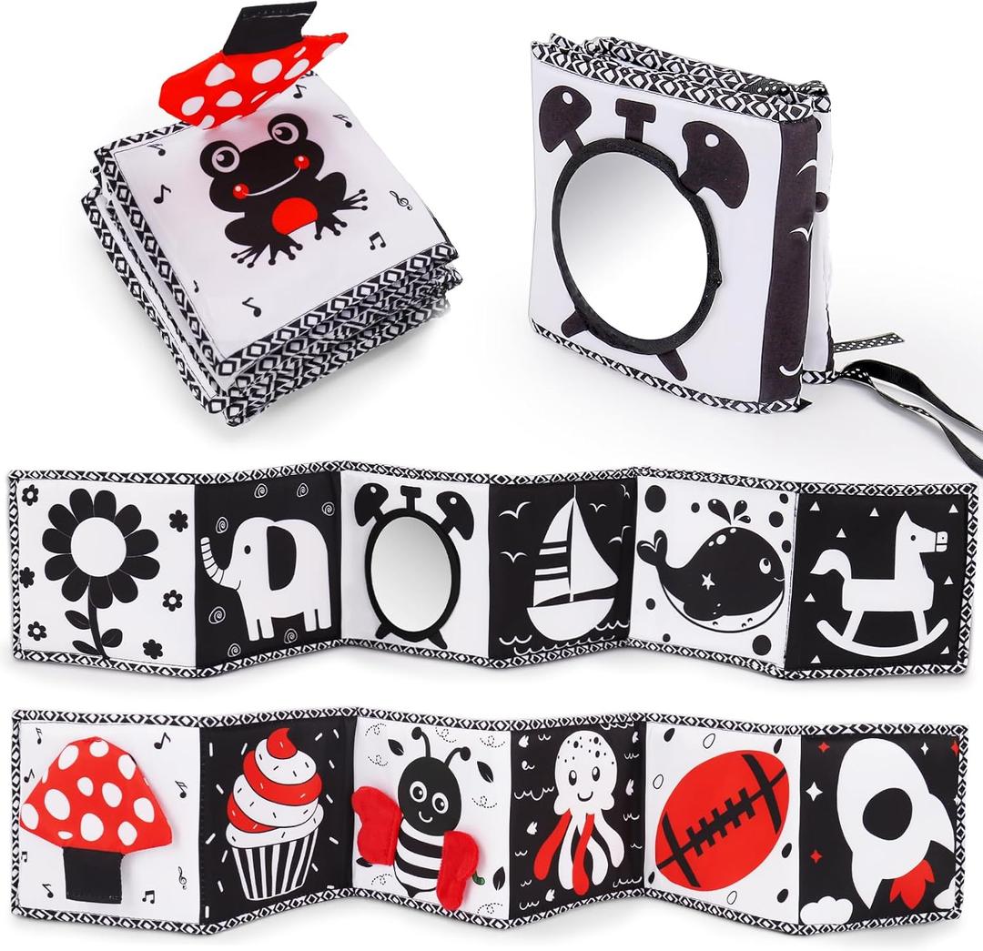 Black and White High Contrast Toys for Baby 0-3 3-6 months Infant Tummy Time Soft Book Sensory Musical Toy 0-2-4-6 month Babies Brain Development Crinkle Book Mirror Newborn Easter Basket Stuffer
