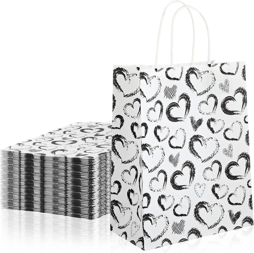Supervitae 50 Pack Mother's Day Heart Gift Bags with Handles 10 x 8 Inches Gift Bags Love Heart Pattern Kraft Paper for Mother's Day Valentine's Birthday Weddings Baby Shower Themed Party Favors