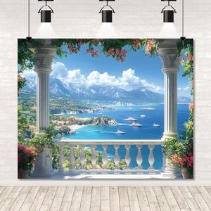 Spring Summer Backdrop 10x8ft Italy Garden Terrace Boat Costal City Scenery Photography Background Spring Flower Roman Columns Background Photo Props