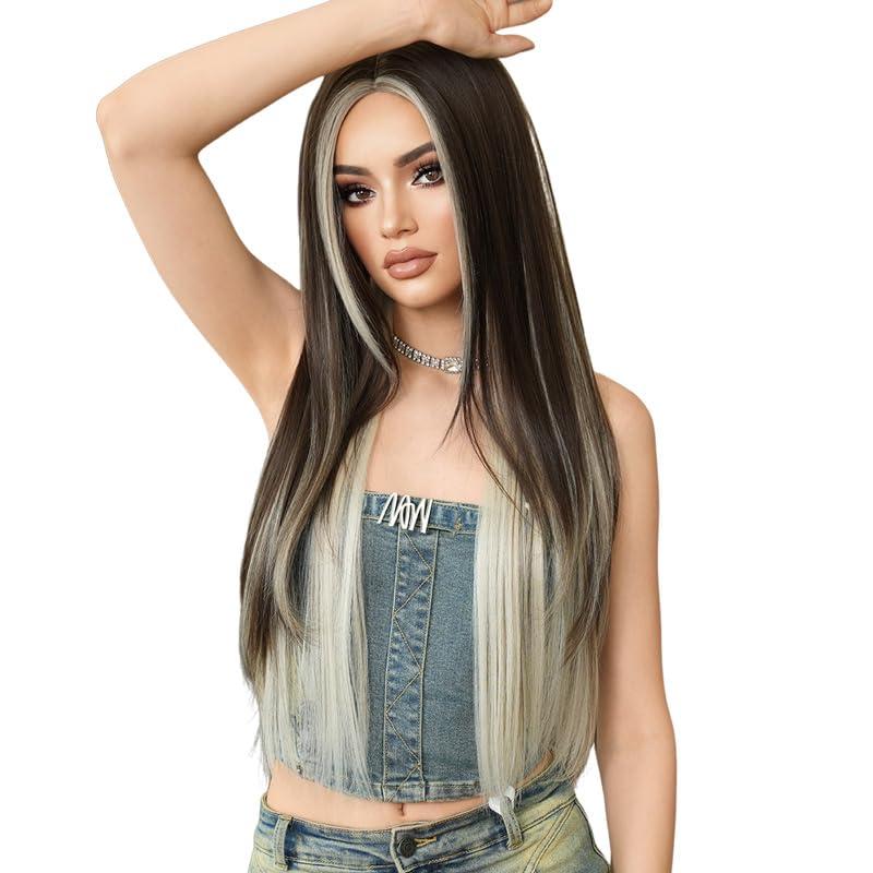 AIKO PRO Korean Fashion 33 Inch Long Straight Wig, Natural Heat-Resistant Synthetic Hair Wigs with White Highlights For Daily Wear and Cosplay, Brown & White