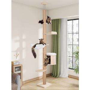 Tall Floor to Ceiling Cat Tree for Large Cats, Cat Tower with Scratching Post, Adjustable Height(82-122 in), Large Condo Cave Bed and Hammock for Indoor Cats, Cat Climbing Pole, Wood