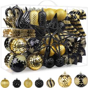 Alupssuc 128pcs Christmas Balls Ornaments Set, Shatterproof Plastic Baubles Christmas Flowers, Ribbon Tree Topper for Xmas Tree Holiday Wedding Party Decorations with Hanging Strings, Black and Gold
