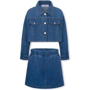 WELAKEN Denim Skirt Sets for Girls Kids & Teen (Jean Jacket + Mini Skirts) II Girl's Clothing Sets (6-7Y, Blue)