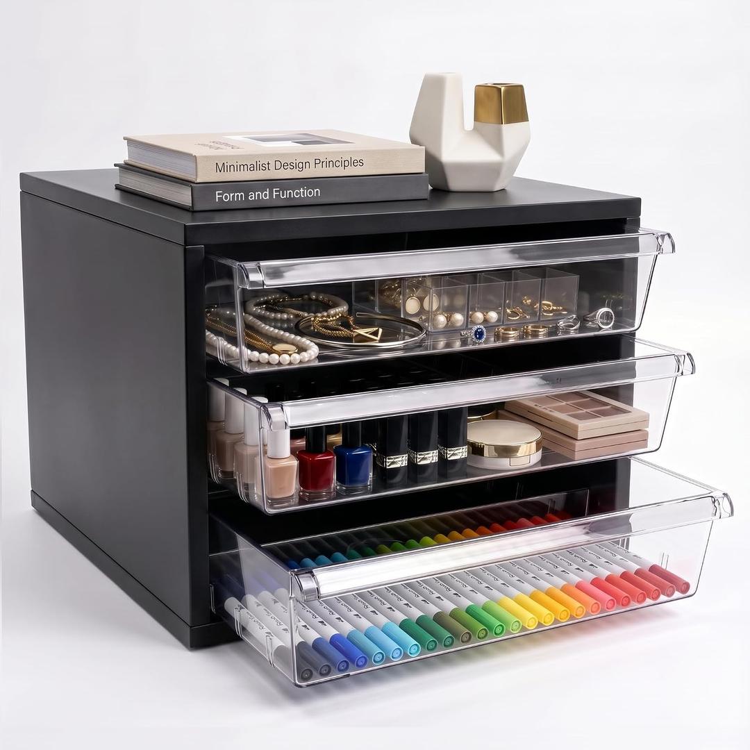 Wooden Desk Organizer with 3 Drawers & a Total of 5 Dividers,Black
