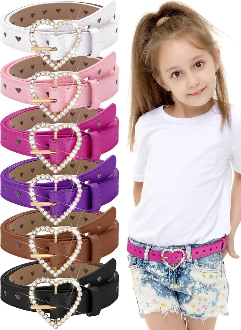 Ramede 6 Pcs Girls Belt with Heart Metal Buckle Skinny Kids Leather Belts for Jeans Dress Pants (18-22 Inch, Bright Color)
