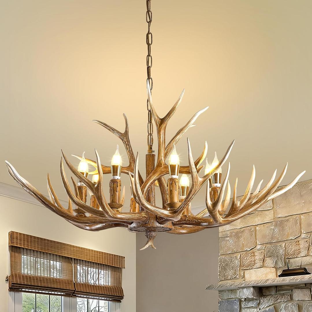 Antlers Chandelier 8 Light,Deer Chandelier Fixtures,Rustic Farmhouse Horn Antler Lighting for Living Room Bedroom Dining Room Kitchen Cafes,Bars,Kitchen Foyer(8 Lamp Arms+ 3 Arms), 8026-8Light