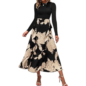 BTFBM Womens Floral Maxi Dress Fall 2025 Casual Crewneck Long Sleeve Ruffle Flowy Cocktail Wedding Guest Dresses(White Floral Black, X-Large)