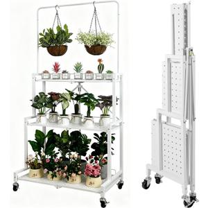 4-Tier Foldable Plant Stand with Wheels, No Tools Assembly, Sturdy Step Shelf for Indoor Outdoor Use, White  Organize Pots, Save Space, Roll & Store Easy