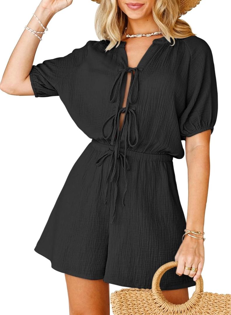 Fixmatti Women Summer Romper - Self Tie V Neck Casual Jumpsuit (Large, Black) Fixmatti Women Summer Romper - Self Tie V Neck Casual Jumpsuit (Large, Black)