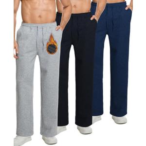 3 Pack Men's Fleece Lined Sweatpants with Pocket Cotton Sweatpants Winter Warm Athletic Joggers Open Bottom Pants (Large, Deep Blue/Black/Grey)