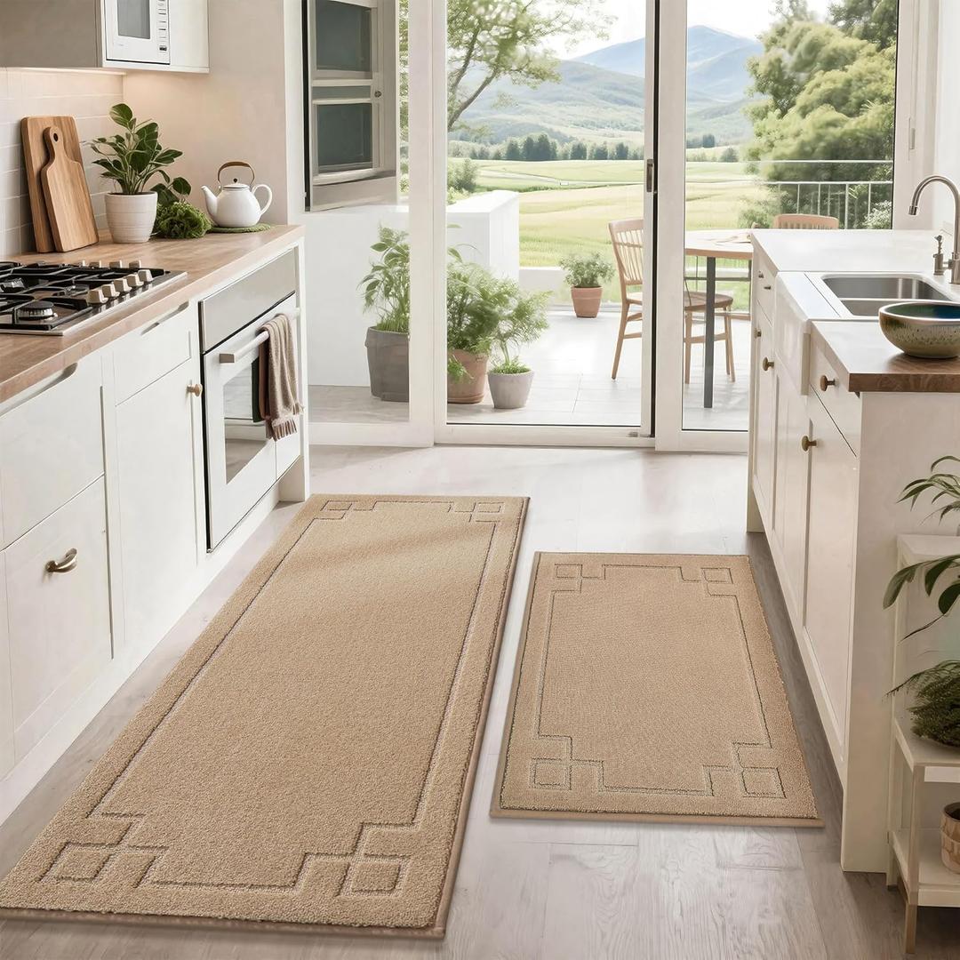 BEQHAUSE Kitchen Rugs Non-Slip Washable Rug Sets of 2, Machine Washable Kitchen Mats Absorbent Soft Kitchen Runner Rugs for Floor,Sink,Hallway,Laundry,24x36+24x60, Beige