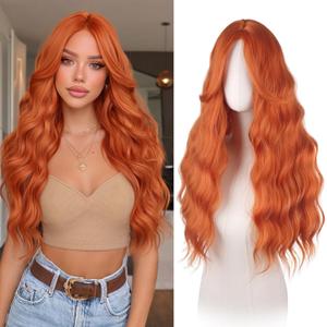 Haloo Red Auburn Wigs with Curtain Bangs for Women - Long Wavy Middle Part Natural Looking Synthetic Hair Wig for Daily Party Cosplay Costume, 26 Inch